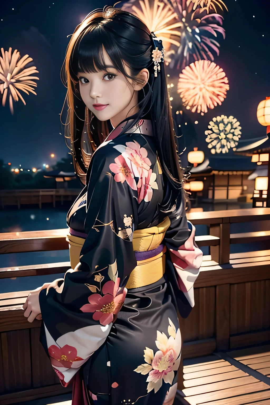 Full body,Looking back,♥(Japanese beautiful flower printed kimono,yukata),((1girl,cute,young,semi long beautiful black hair,blunt bangs,twin tales,beautiful eyes)),(solo),((masterpiece, highest resolution,best quality)), (beautiful illustration),(Japanese beautiful flower printed kimono,yukata),
 (looking at the viewer), innocent smile,cinematic lighting,Japanese Festival,stall,fireworks,night sky,full moon,shooting star,