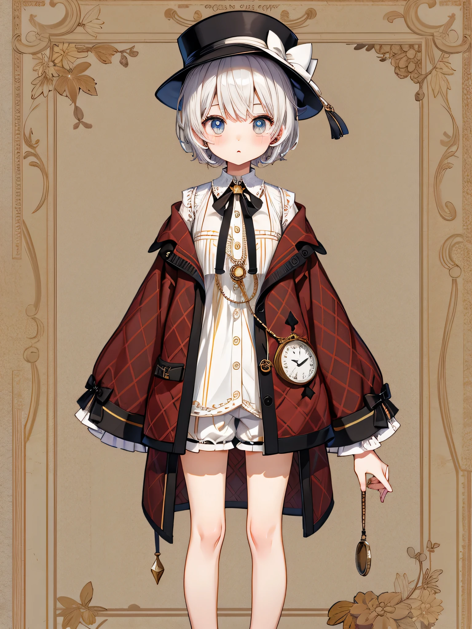 1girl、highest quality、vtuber-fullbody、Milky white short hair、Masterpiece、Official Art、The best composition、Sherlock Holmes costumes、Brown and dark brown checked herringbone hat、A poncho with the same pattern as the hat、White shirt and shorts with the same pattern as the hat、magnifying glass、Detective、A pocket watch hanging from his neck、Standing in front of the viewer、Simple Background、