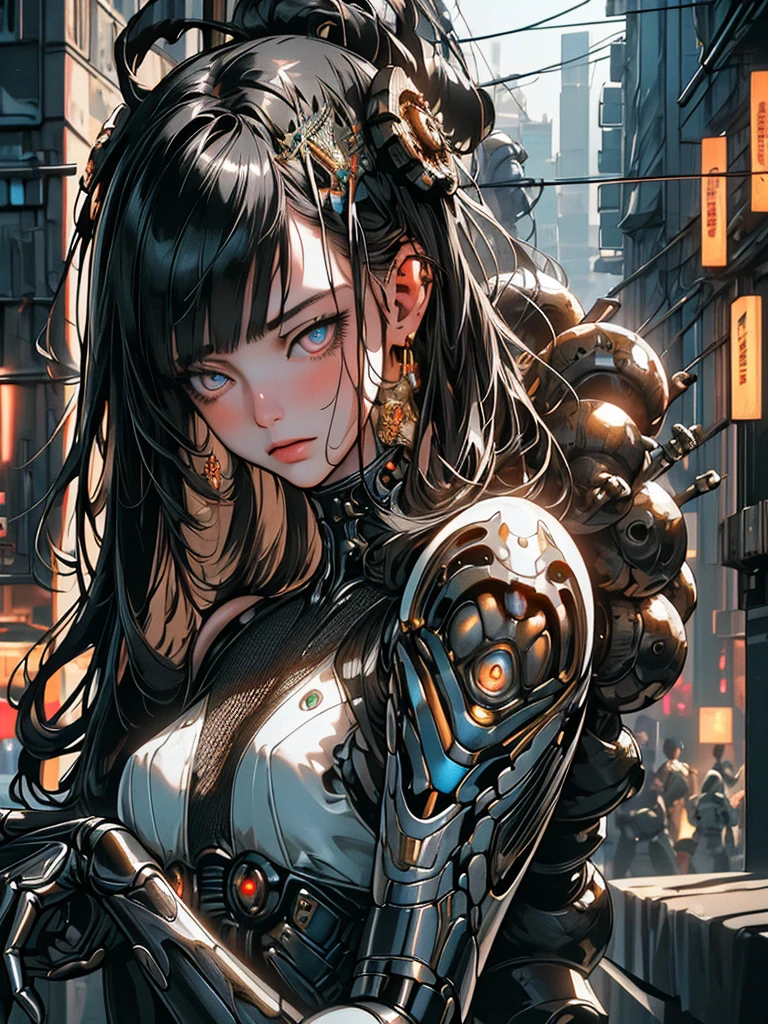 Top Quality, Masterpiece, Ultra High Resolution, ((Photorealistic: 1.4), Raw Photo, 1 cyberpunk Girl, Glossy Skin, 1 Mechanical Girl, (Ultra Realistic Details)), mechanical limbs, tubes connected to the mechanical parts, mechanical vertebrae attached to the spine, mechanical cervical attachment to the neck, wires and cables connecting to the head, Evangelion, Ghost in the Shell, small glowing LED lamps, global lighting, deep shadows, Octane Rendering, 8K, Ultra Sharp, Metal, Intricate Ornament Details, baroque details, Very intricate details, realistic light, CGSoation trend, facing the camera, neon details, (android manufactory in background), art by H.R. Giger and Alphonse Mucha.