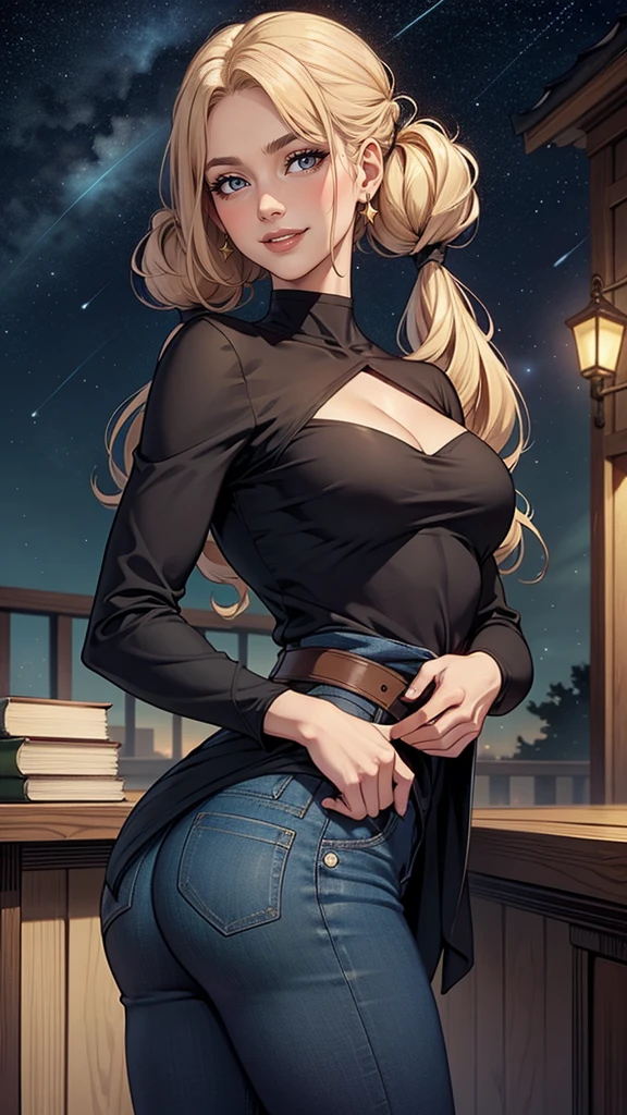 mulher de 35 anos, very long blonde hair down to the waist and half curly with bangs, Seios pequenos, olhos grandes com um brilho apaixonado, olhos verdes mel, Um lindo sorriso, wearing a long black t-shirt with a green feminine suit and jeans, in a serious and sweet comic-style pose, alta qualidadeScott Campbellgarota, localizado na esquina, looking at the sky, Sozinho, Mona (impacto genshin), Gargantilha, cabelo entre os olhos, star (symbol), cabelo longo, cabelo roxo escuro, twintails, olhos azuis, olhos brilhantes, joia, bruxa, housekeeper, franja, vestido preto roxo, saia roxa, avental branco, paisagem, noite sky, star (sky), starry sky, noite, ar livre, nuvens, reflection, Water, Magia, tarot, Water Magia, ((linda estrela de cristal dourada)), space, Water droplets, Respingo