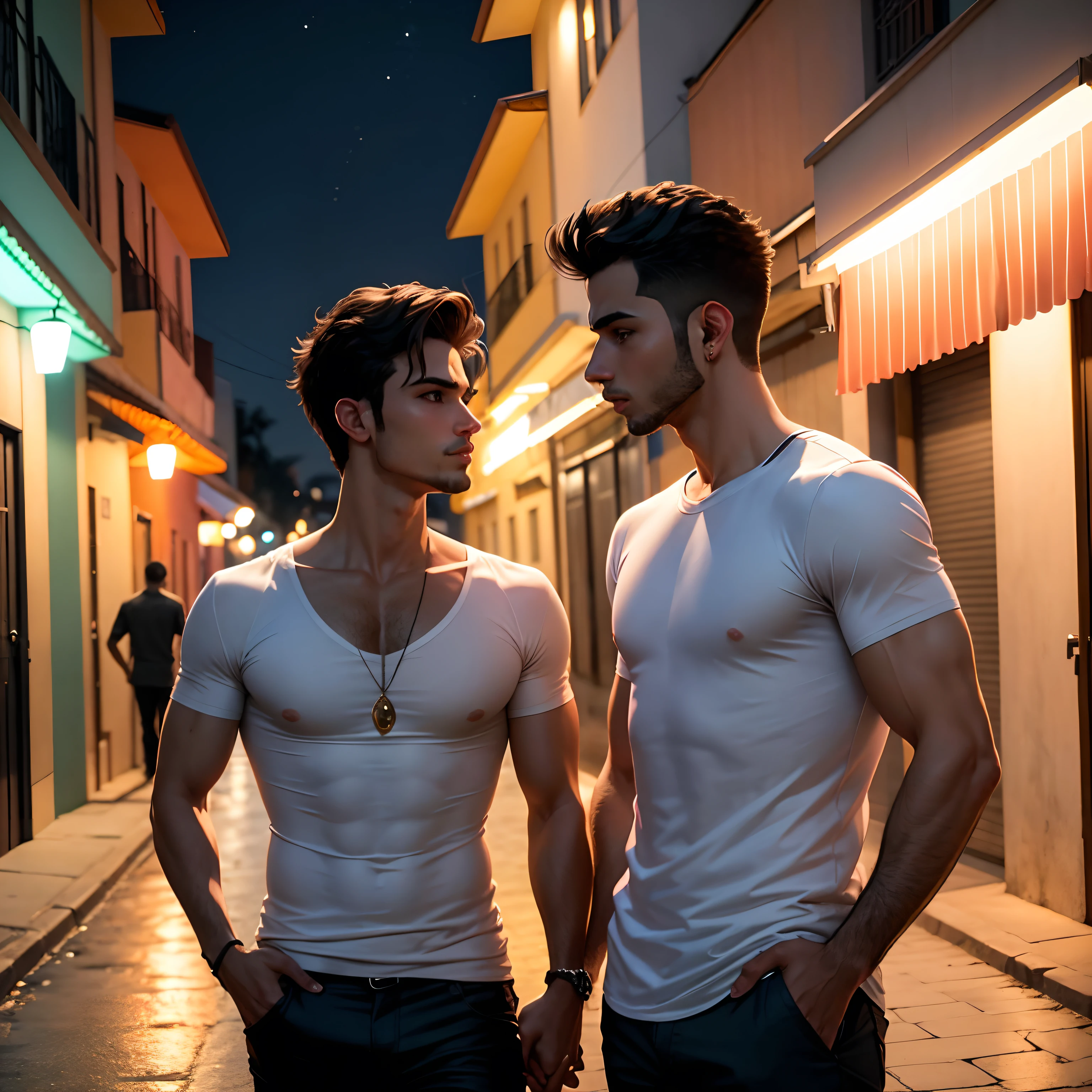 Dois Homens brasileiros sexy se beijando na rua a noite. Fundo ceu estrelado