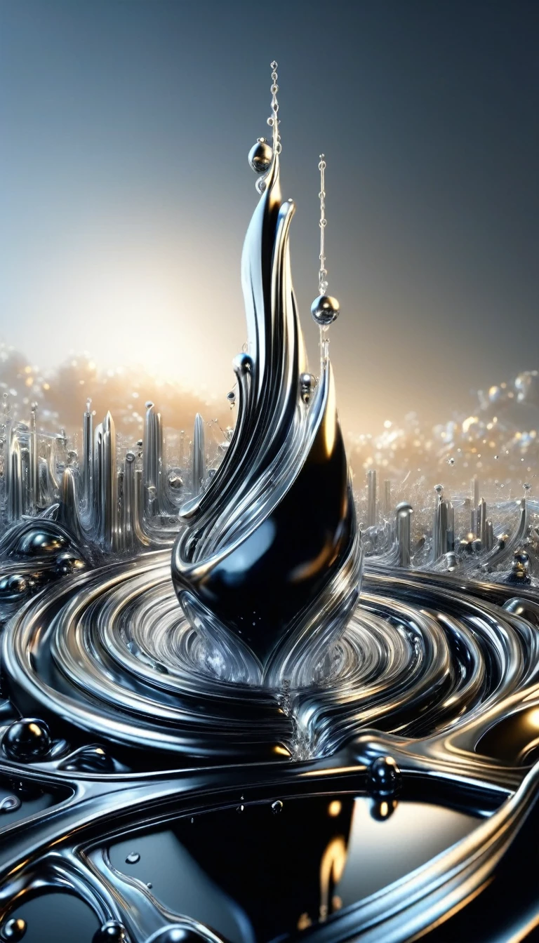 (watce),futuristc city\(liquid,metallic,silver\), BREAK ,backgrownd\((simple black:1.5),liquid\(metallic,silver\),reflection\),quality\(8k,wallpaper of extremely detailed CG unit, ​masterpiece,hight resolution,top-quality,top-quality real texture skin,hyper realisitic,increase the resolution,RAW photos,best qualtiy,highly detailed,the wallpaper\),,dynamic angle,anime style