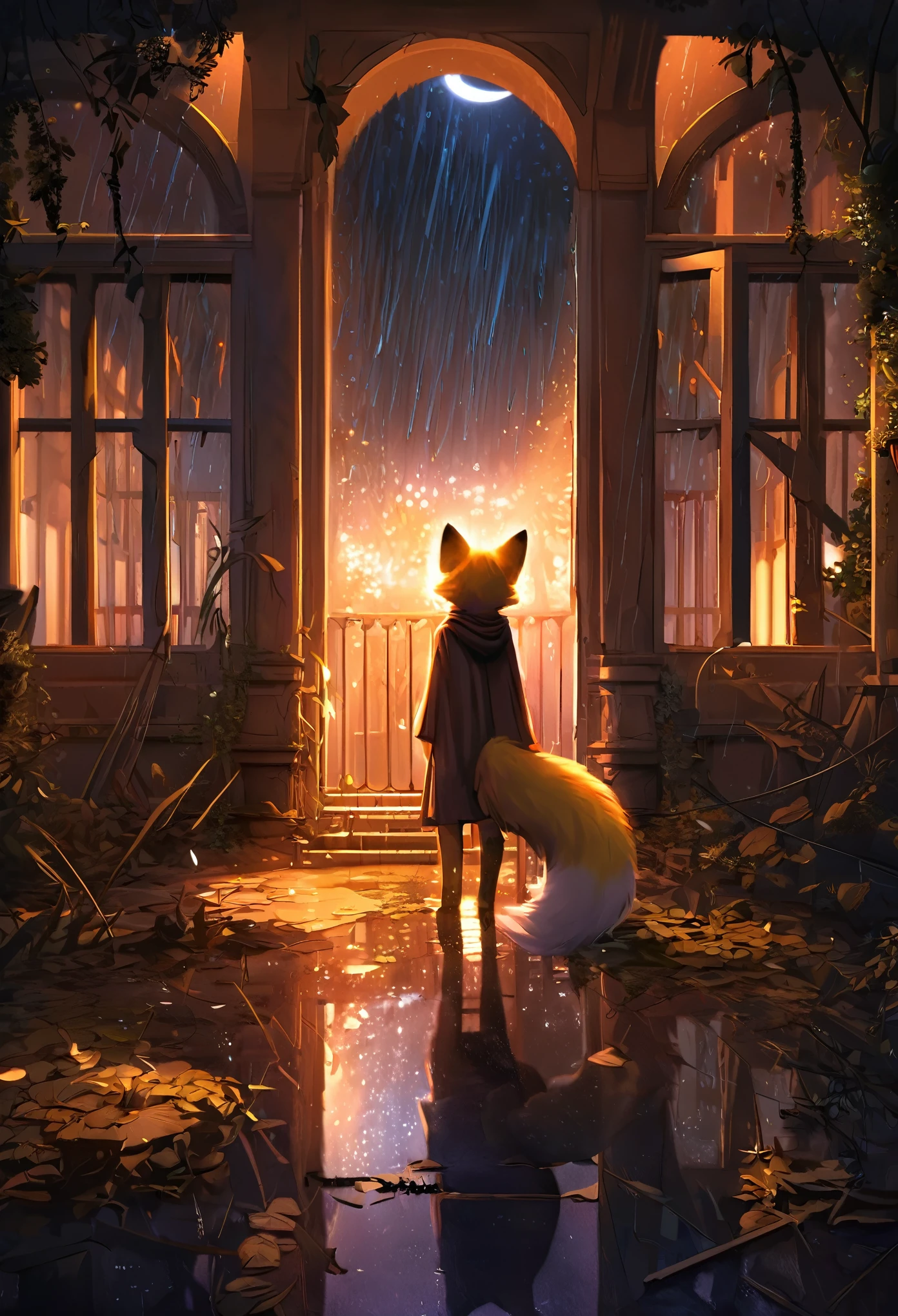 masterpiece, best quality, 4K,Ultra-delicate, Shota the fox, solo, Skin fur, Golden fur, Golden yellow face fur, Red eyes, Brown elements on fur, Brown coat brown hood up, Beautiful lights and shadows, Ambient light, Ultra-fine fur, natural lighting, Fluffy tail, Dilapidated building, Plant elements in ruins, Night, starry sky, Shiny hair(moon full, meteors)Star cloud, Warm light source, Rained, wet clothes(overcast sky, Standing downpour)Extra-long sleeves, Purple and orange, Complicated details, Volumetric lighting, Dynamic configuration, luminous lighting, Atmospheric lighting, dream magical, magic, Glowing light,
