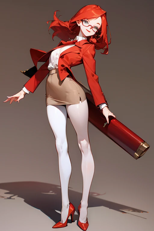 (full body:1.4), Tall, slender ((redhead)) woman of Irish descent. (pale:1.3)complexion. blue eyes, cute butt, nice legs. Kind eyes, cute (smile). Eyeglasses, red lipstick, Dark brown blazer and pencil skirt, blouse, beige pantyhose, stiletto heels.