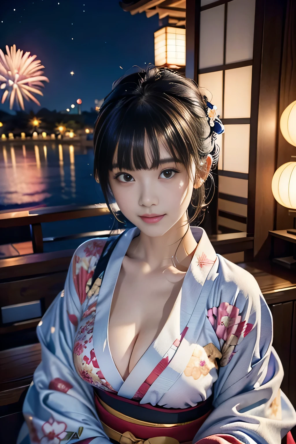 (high angle,from above,),♥(Japanese beautiful flower printed kimono,yukata),((1girl,cute,young,semi long beautiful black hair,blunt bangs,twin tales,beautiful eyes)),(solo),((masterpiece, highest resolution,best quality)), (beautiful illustration),(Japanese beautiful flower printed kimono,yukata),
 (looking at the viewer), innocent smile,cinematic lighting,Japanese Festival,stall,fireworks,night sky,full moon,shooting star,
