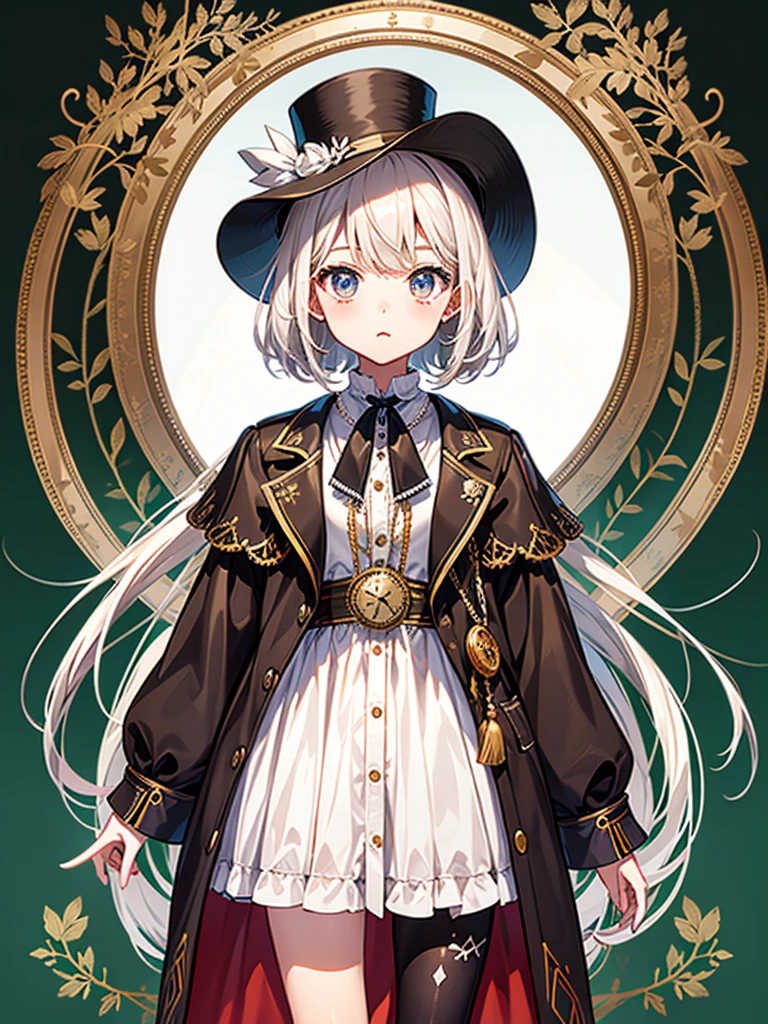 1girl、highest quality、vtuber-fullbody、Milky white short hair、Masterpiece、Official Art、The best composition、Sherlock Holmes costumes、Brown and dark brown checked herringbone hat、A poncho with the same pattern as the hat、Brown spring coat、White shirt and shorts with the same pattern as the hat、magnifying glass、Detective、A pocket watch hanging from his neck、Standing in front of the viewer、Simple Background、