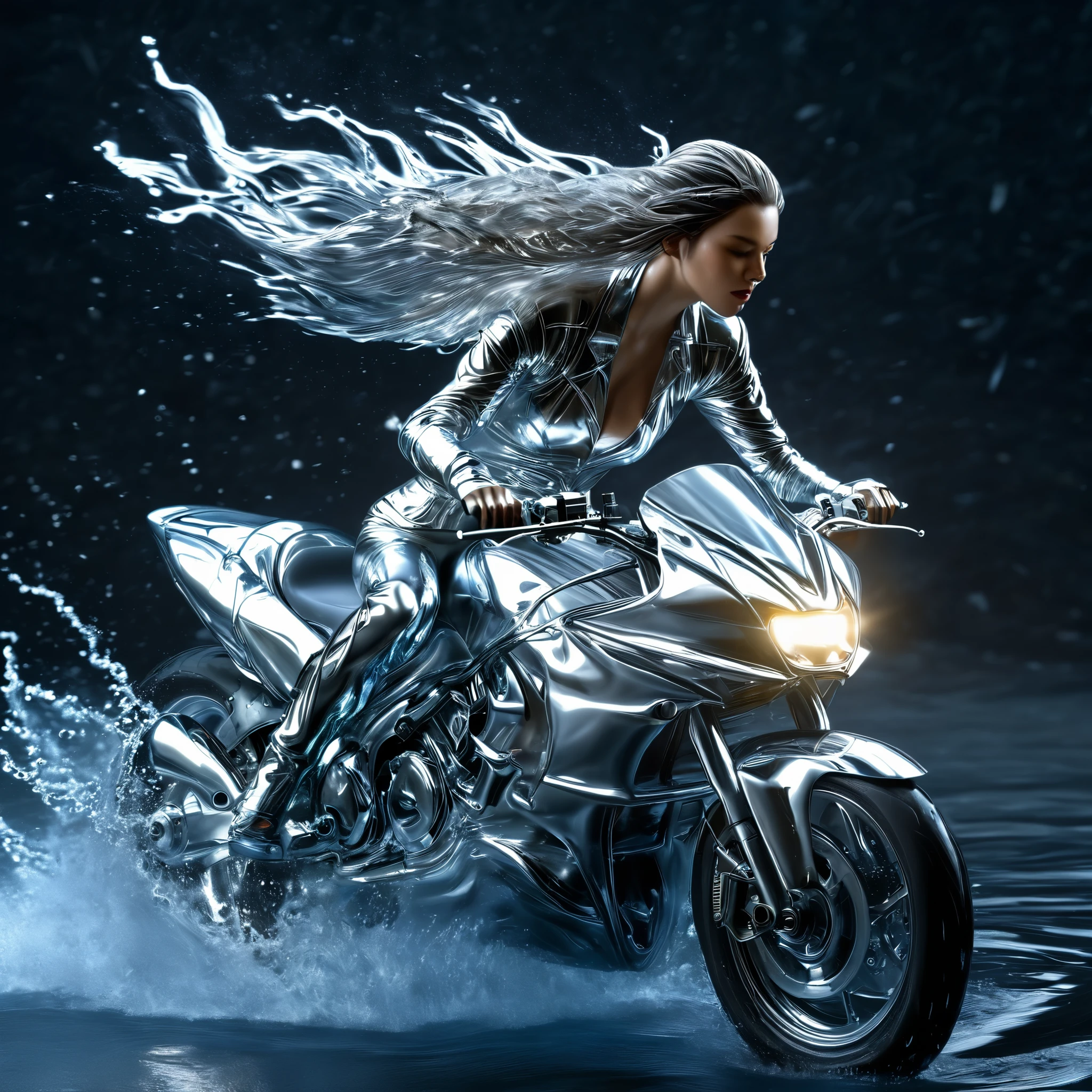 a woman in a shiny silver outfit riding a motorcycle through water, hair flowing, water splashing, (best quality,4k,8k,highres,masterpiece:1.2),ultra-detailed,(realistic,photorealistic,photo-realistic:1.37),liquid metal, motorcycle, woman, hair flowing, water splashing, dynamic pose, dramatic lighting, metallic silver, chrome, futuristic, cyberpunk, science fiction, cinematic