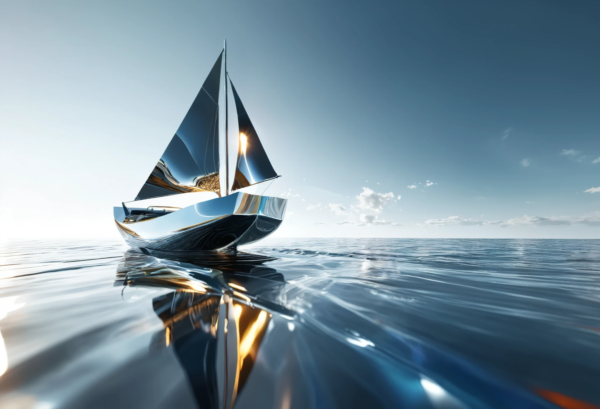 a highly reflective and shiny liquid metal sculpture, a small ship sailing on liquid metal sea ,ethereal lighting, dramatic contrast of light and shadow, 3D render, (best quality,4k,8k,highres,masterpiece:1.2),ultra-detailed,(realistic,photorealistic,photo-realistic:1.37),HDR,studio lighting,physically-based rendering,extreme detail description,professional,vibrant colors,dramatic lighting,cinematic,futuristic,metallic,procedural,abstract,minimalist Journey:2