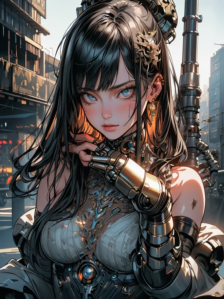 Top Quality, Masterpiece, Ultra High Resolution, ((Photorealistic: 1.4), Raw Photo, 1 cyberpunk Girl, Glossy Skin, 1 Mechanical Girl, (Ultra Realistic Details)), mechanical limbs, tubes connected to the mechanical parts, mechanical vertebrae attached to the spine, mechanical cervical attachment to the neck, wires and cables connecting to the head, Evangelion, Ghost in the Shell, small glowing LED lamps, global lighting, deep shadows, Octane Rendering, 8K, Ultra Sharp, Metal, Intricate Ornament Details, baroque details, Very intricate details, realistic light, CGSoation trend, facing the camera, neon details, (android manufactory in background), art by H.R. Giger and Alphonse Mucha.