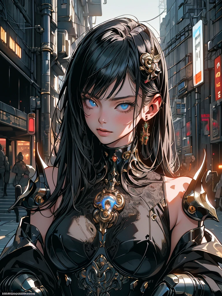 Top Quality, Masterpiece, Ultra High Resolution, ((Photorealistic: 1.4), Raw Photo, 1 cyberpunk Girl, Glossy Skin, 1 Mechanical Girl, (Ultra Realistic Details)), mechanical limbs, tubes connected to the mechanical parts, mechanical vertebrae attached to the spine, mechanical cervical attachment to the neck, wires and cables connecting to the head, Evangelion, Ghost in the Shell, small glowing LED lamps, global lighting, deep shadows, Octane Rendering, 8K, Ultra Sharp, Metal, Intricate Ornament Details, baroque details, Very intricate details, realistic light, CGSoation trend, facing the camera, neon details, (android manufactory in background), art by H.R. Giger and Alphonse Mucha.