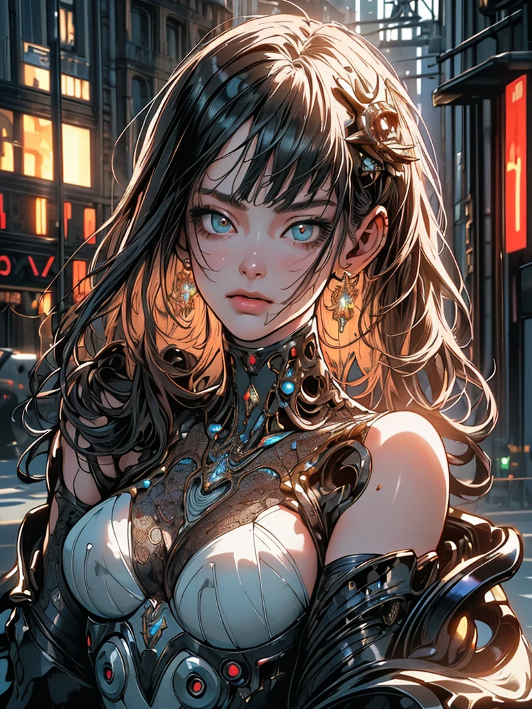 Top Quality, Masterpiece, Ultra High Resolution, ((Photorealistic: 1.4), Raw Photo, 1 cyberpunk Girl, Glossy Skin, 1 Mechanical Girl, (Ultra Realistic Details)), mechanical limbs, tubes connected to the mechanical parts, mechanical vertebrae attached to the spine, mechanical cervical attachment to the neck, wires and cables connecting to the head, Evangelion, Ghost in the Shell, small glowing LED lamps, global lighting, deep shadows, Octane Rendering, 8K, Ultra Sharp, Metal, Intricate Ornament Details, baroque details, Very intricate details, realistic light, CGSoation trend, facing the camera, neon details, (android manufactory in background), art by H.R. Giger and Alphonse Mucha.