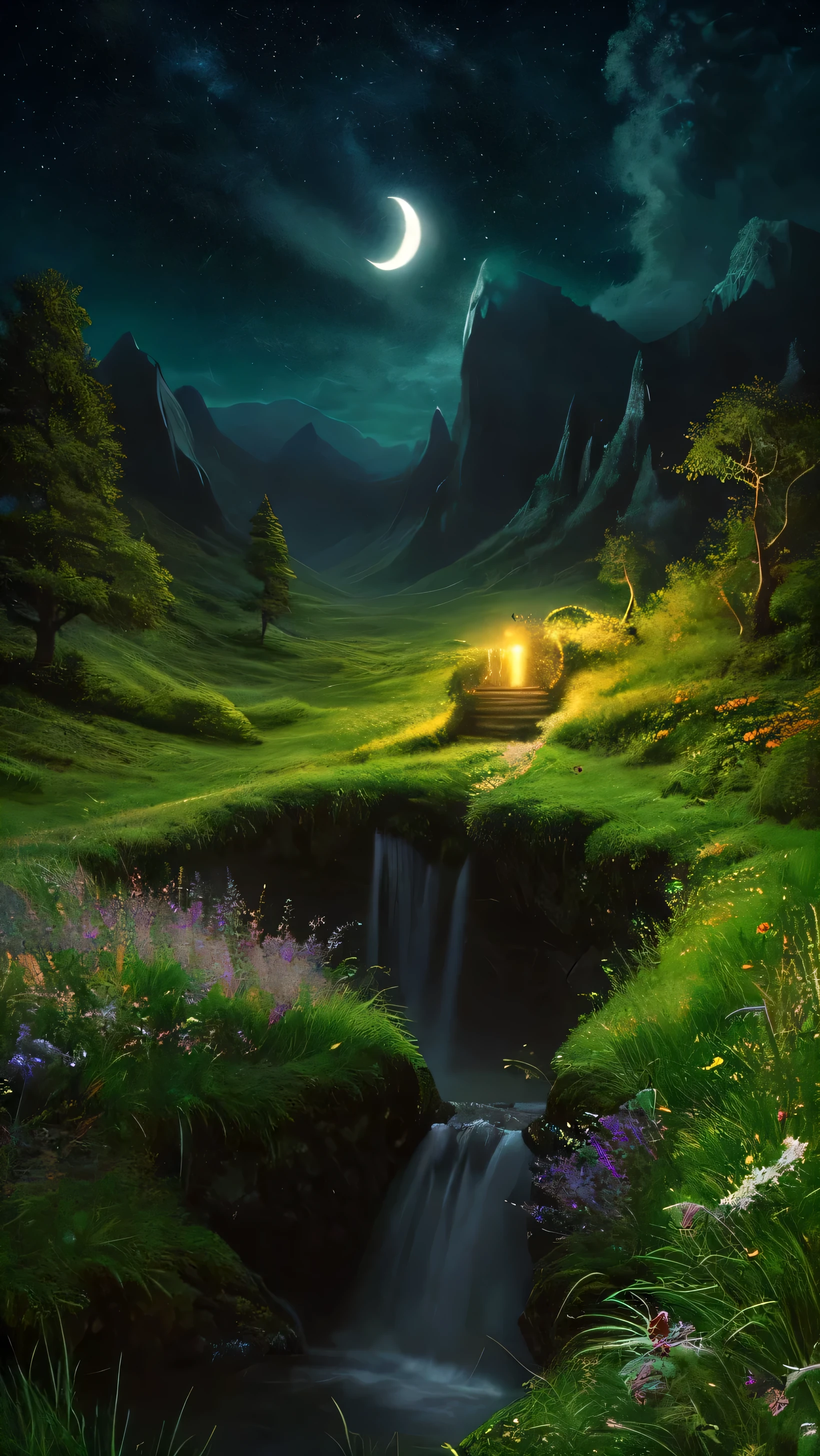 masterpiece, (((highest quality))),landscape, Dark Night, Bright Moon, Weak Star, cliff, The wind is blowing, Green Grass, Fantasy, Magical World, waterfall,