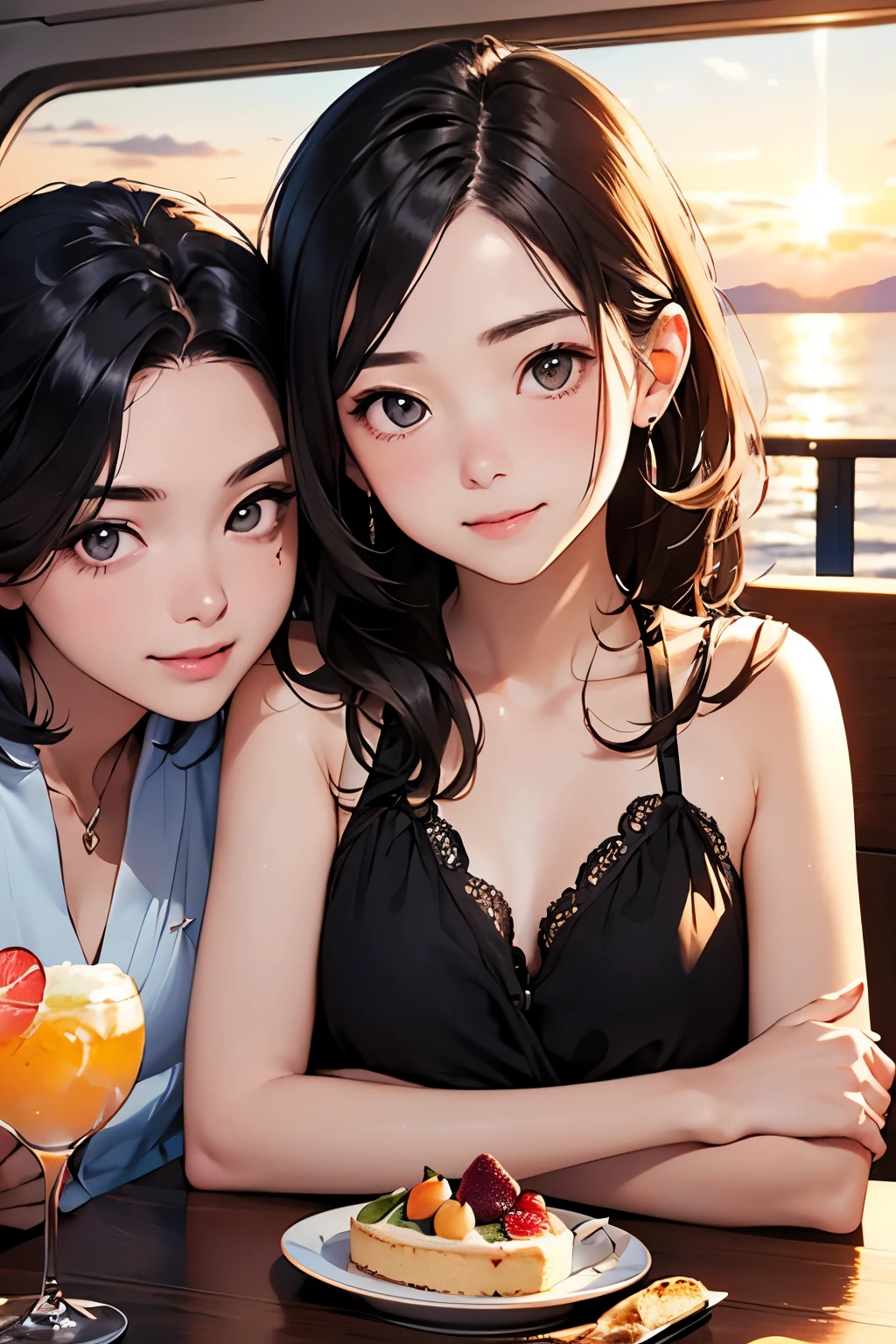 realisticlying、2 real adult women、Taking a selfie、Keep your body in close contact、A slightly larger sea accentuates the sunset、Smile sexily、Cleavage emphasis、Face Real