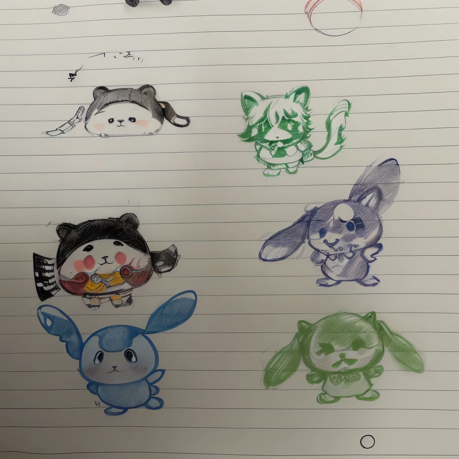 sketches of various cartoon character drawn on lined paper on a table, cute character, animal crossing character, Possible adoption, character merged, several Character design, random character, graffiti, Drawing characters, Cute anime style, Character design, Anime Chibi, Inspired by the Chinese Classics Master, Animal Crossing character, Mr.々A pose, character, Anime Style, On a notebook page, Animal Crossing Style
