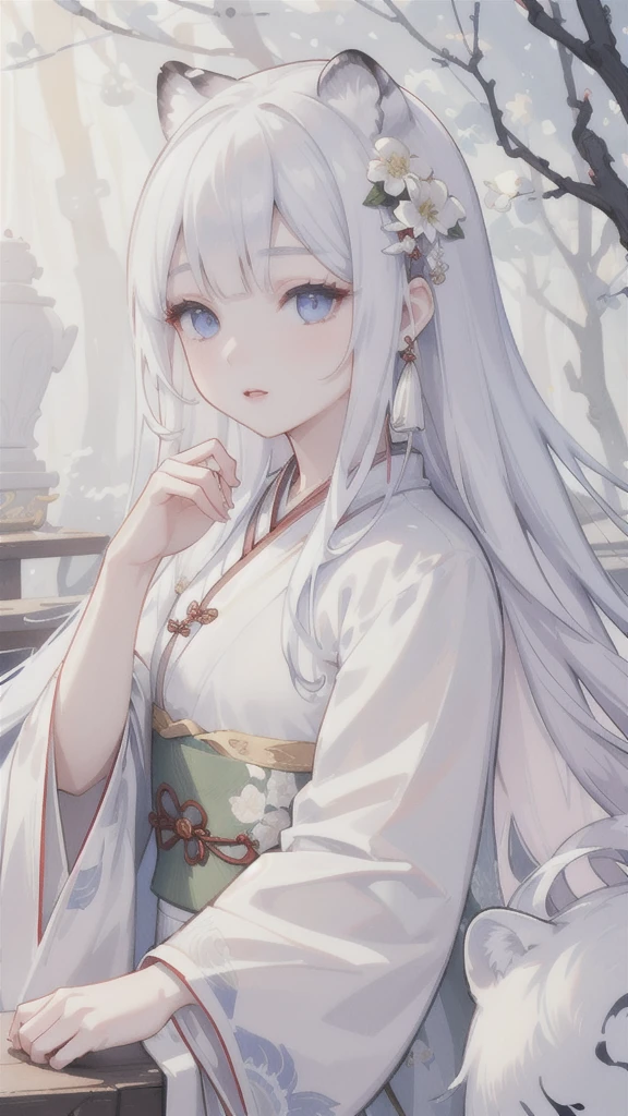 a girl in traditional chinese hanfu dress, beautiful detailed eyes, beautiful detailed lips, extremely detailed face and portrait, long flowing hair, white tiger, hybrid anthropomorphic animal, magical realism, hyperrealistic, 8k, high resolution, photorealistic, masterpiece, cinematic lighting, dramatic colors, intricate details, ethereal atmosphere