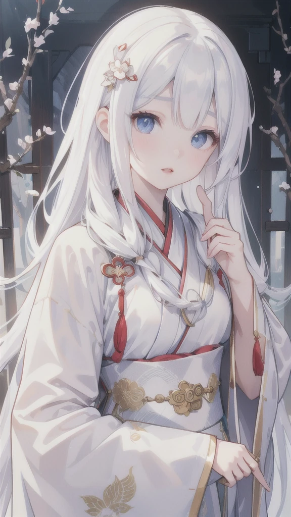 a girl in traditional chinese hanfu dress, beautiful detailed eyes, beautiful detailed lips, extremely detailed face and portrait, long flowing hair, white tiger, hybrid anthropomorphic animal, magical realism, hyperrealistic, 8k, high resolution, photorealistic, masterpiece, cinematic lighting, dramatic colors, intricate details, ethereal atmosphere