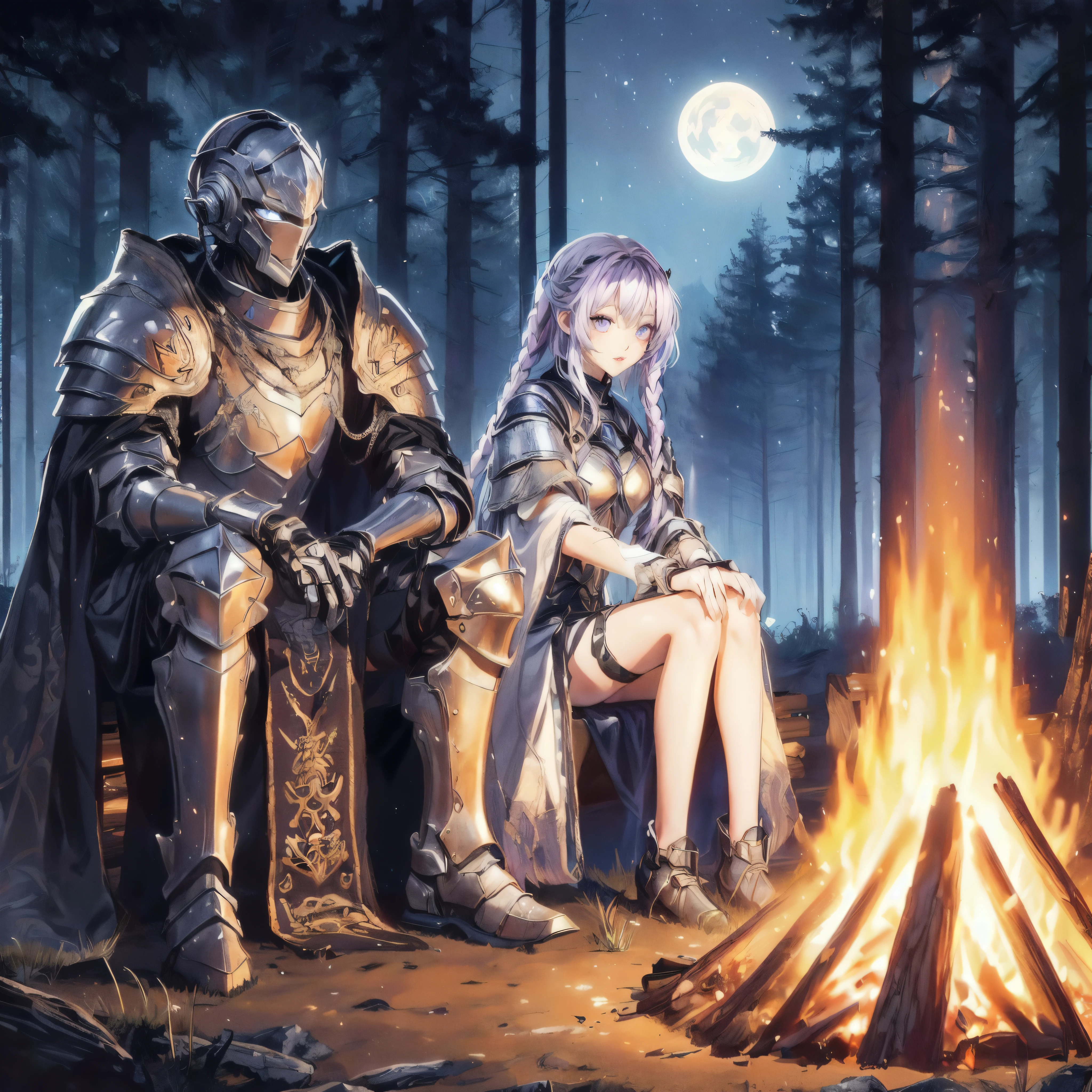 A medieval knight in full metal armor with runes, sitting next to a bonfire and watching it. On the opposite side of the bonfire is a girl with light purple hair and two long braids, in a sci-fi modern open suit, looking at the bonfire. This scene is set in the middle of a fantasy forest at midnight with mild moonlight and many tall pine trees. The image should be in anime aesthetics, stylish, beautiful, long flowing beautiful plum-colored hair, light violet eyes, well-maintained hair, and a black revealing high-tech suit, sitting comfortably, talking. The atmosphere is calm at night, with beautiful scenery, wide shot, wide-angle, high-res, 4K, 8K, accurate, masterpiece, retina, UHD, high quality, super detail. 