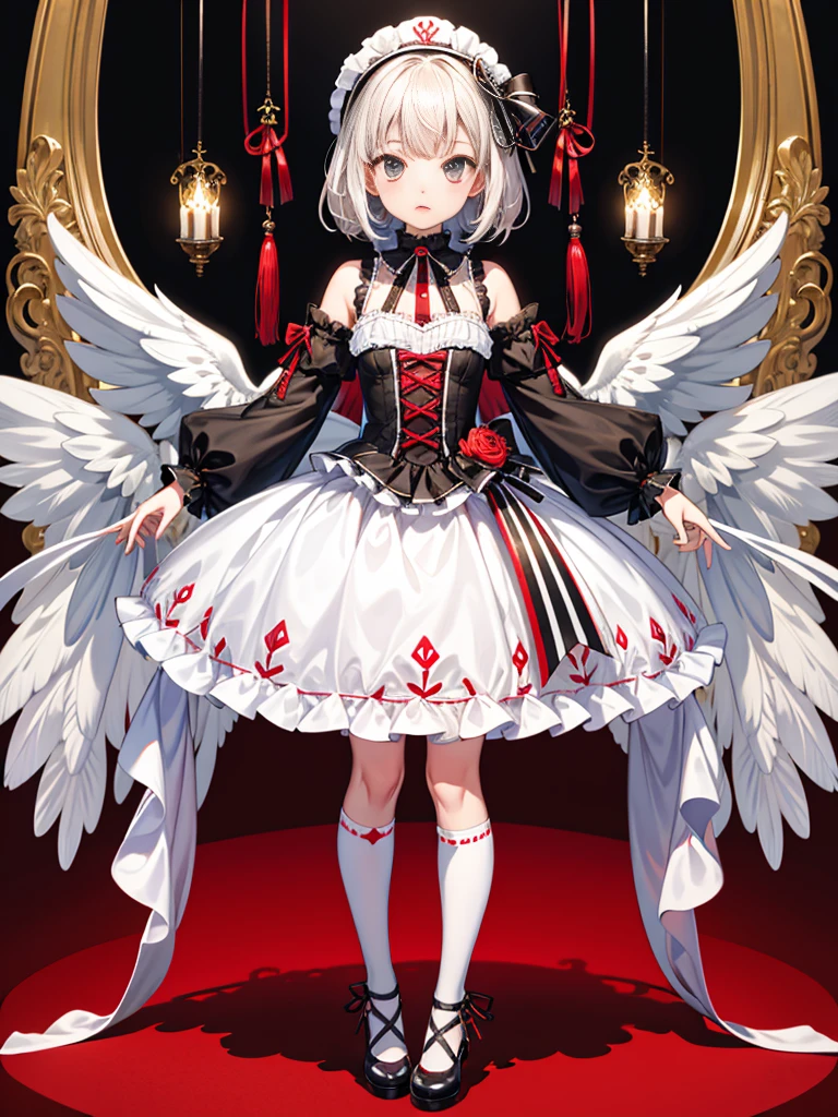 1girl、highest quality、vtuber-fullbody、Milky white short hair、Masterpiece、Official Art、The best composition、Standing in front of the viewer、Simple Background、Black and red Gothic Lolita、