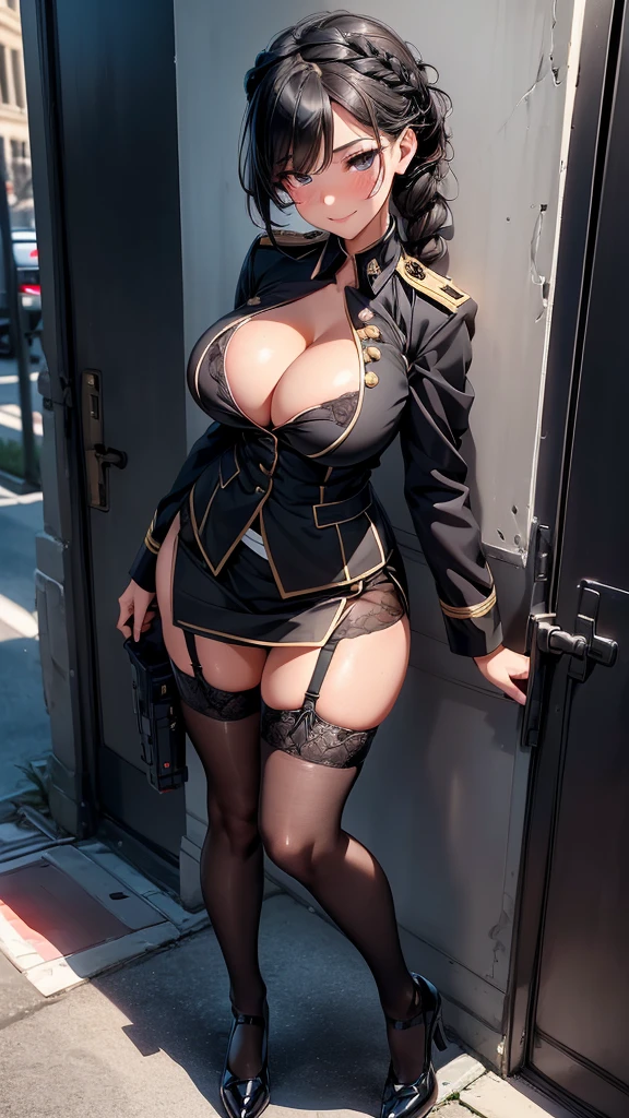 A sexy girl, military officer, uniform, french braid style hair, black hair, ((black eyes)), beautiful eyes, blush on make up, pleasure expression, long eyelashes, stockings, garter belt, big breasts, blushing, smiling, (high quality), (best quality), (full body camera shot), sexy lips, cleavage, big hips, sexy thigh, outdoor background