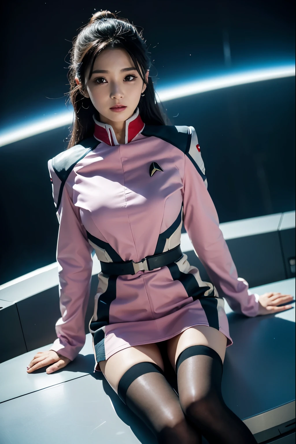 Tabletop, highest quality, 8k、(Golden ratio face、Balanced Eyepread legs,show while panties,（White panties:1.5）.Very gentle eyelids)、double eyelid、ponytail、Innocent face、Young Face、Beautiful nose、Embarrassed laugh、Lip gloss 、Very beautiful girl、Beautiful girl solo like a model、 Wearing Starfleet uniforms, Starfleet uniform、Clear costume design、Blue Hair、Put the headset on your head、Skirt、Android、battleship cockpit,ＳＦworld,Anime World Girl、Futuristic Background、, highest quality, 8k、(Golden ratio face、Balanced Eyes、Very gentle eyelids)、double eyelid、Innocent face、Young Face、Beautiful nose、Embarrassed laugh、Lip gloss 、Very beautiful girl、Beautiful girl solo like a model、 Wearing Starfleet uniforms, Starfleet uniform、Clear costume design、Blue Hair、Put the headset on your head、Skirt、pantyhose、Android、battleship cockpit,ＳＦworld,Anime World Girl、Futuristic Background、