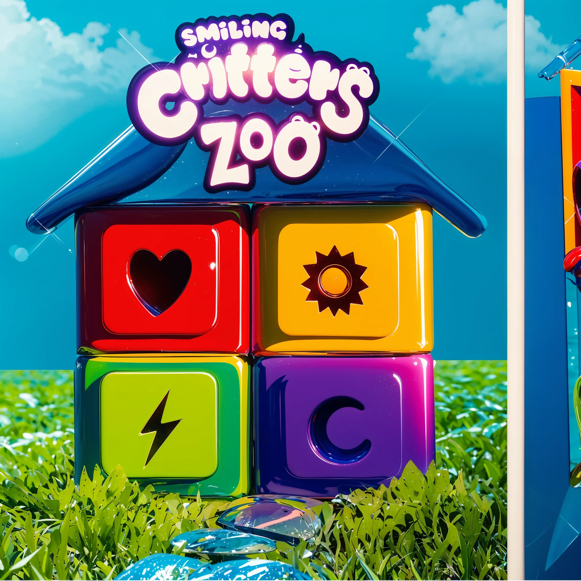 The image features the words \"smiling critters\" in white text on a purple background. The words are stylized to look like a cute animal or character.cloud sky 3d glossy water An inflatable swimming pool on a lawn, surrounded by green and orange boots. The image depicts two large orange glossy feet with five toes each, standing on a blue surface. The feet have a unique design, with the big toe pointing inwards. The skin on the feet has wrinkles and looks rough. The image depicts two large orange feet with five toes each, standing on a blue surface. The feet have a unique design, with the big toe pointing inwards. The skin on the feet has wrinkles and looks rough. cartoon key frame rendering, cute 3D rendering, Shiny metallic,Create ultra sharp  цветной рендеринг zbrush. perfect cgi, cgi art created only with gradients, smooth silhouette, Create ultra sharp skin, high intensity refraction, (plastic material), most beautiful vfx, blue background, plastic refractions, glossy texture, smooth 3d model, multiple light sources, rim light, sharp post effects render, (glossy plastic texture with multiple big light probe refractions), perfect cgi, cgi art created only with gradients, smooth silhouette, high intensity refraction, (plastic material), most beautiful vfx, blue background, plastic refractions Create ultra sharp