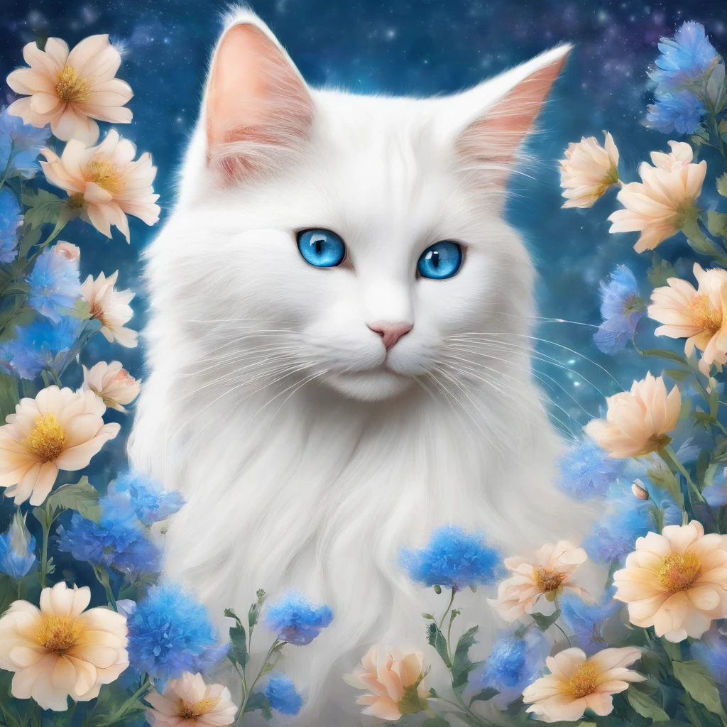 A fluffy white cat with blue eyes amongst blooming flowers