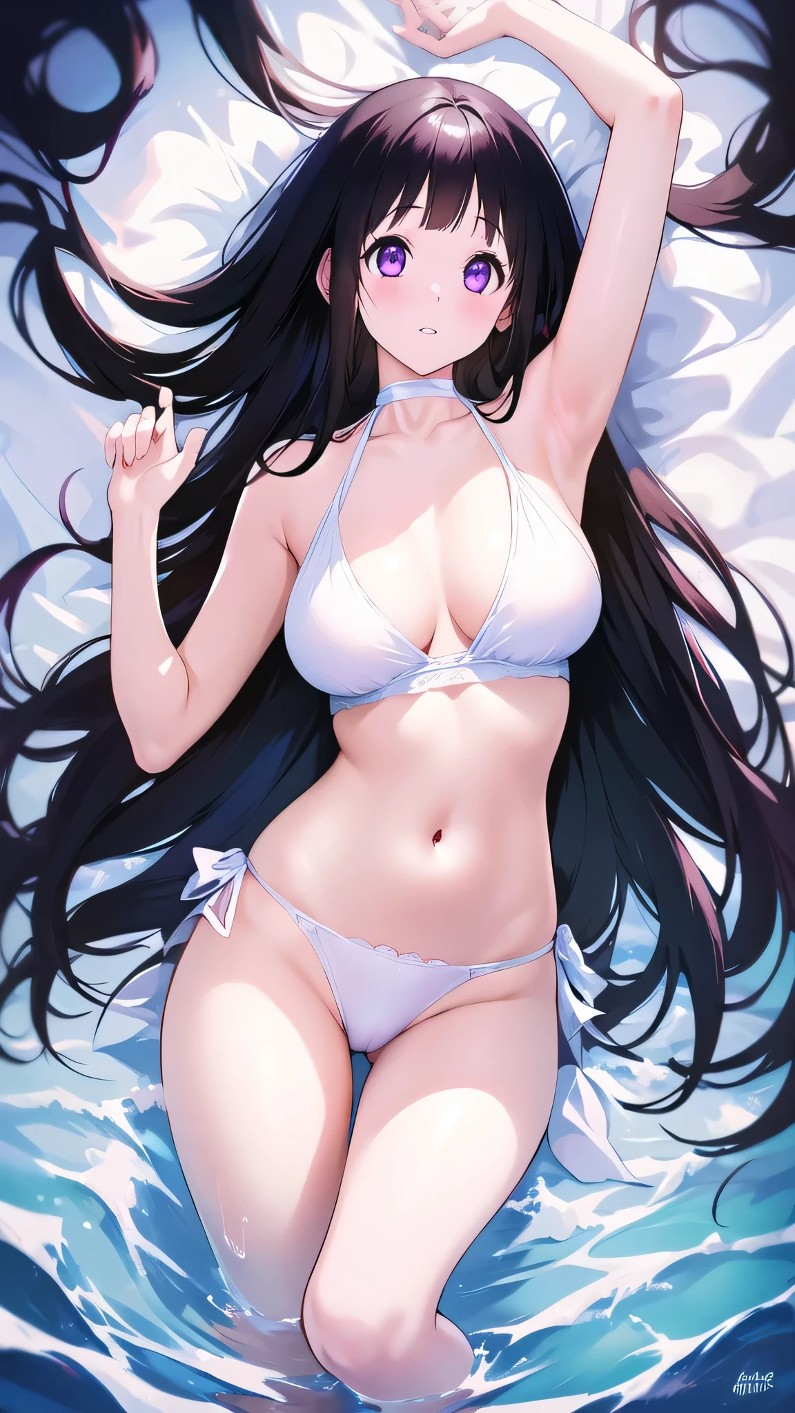 Beautiful Chitanda,There is only one beautiful girl,Purple Eyes, Black Hair, Natural straight hair, Straight bangs,Extremely refined,open your lips,Face is so red,Very white skin,Skin as delicate as porcelain,Glowing skin,big eyes,Flowing long hair,beautiful girl, Like a dream,Slim,Slim waist,Soft, (Sensual), (Kawaii), Dream quality,in the sea,Lie at the bottom of the sea,White bikini,The body is soaked,Side body,very close,Deep V neckline,Loose neckline,Beautiful big breasts,No pants,Delicate clavicle,Delicate hands and feet,Raise your hands,Showing armpits,Bare neck,There is no decoration on the neck,Bare thighs,Exposing the groin,Camel toe,extremely shy,Ultra-high resolution, (masterpiece:1.2, best quality), (Delicate and beautiful eyes: 1.2), (Beautiful and delicate face)