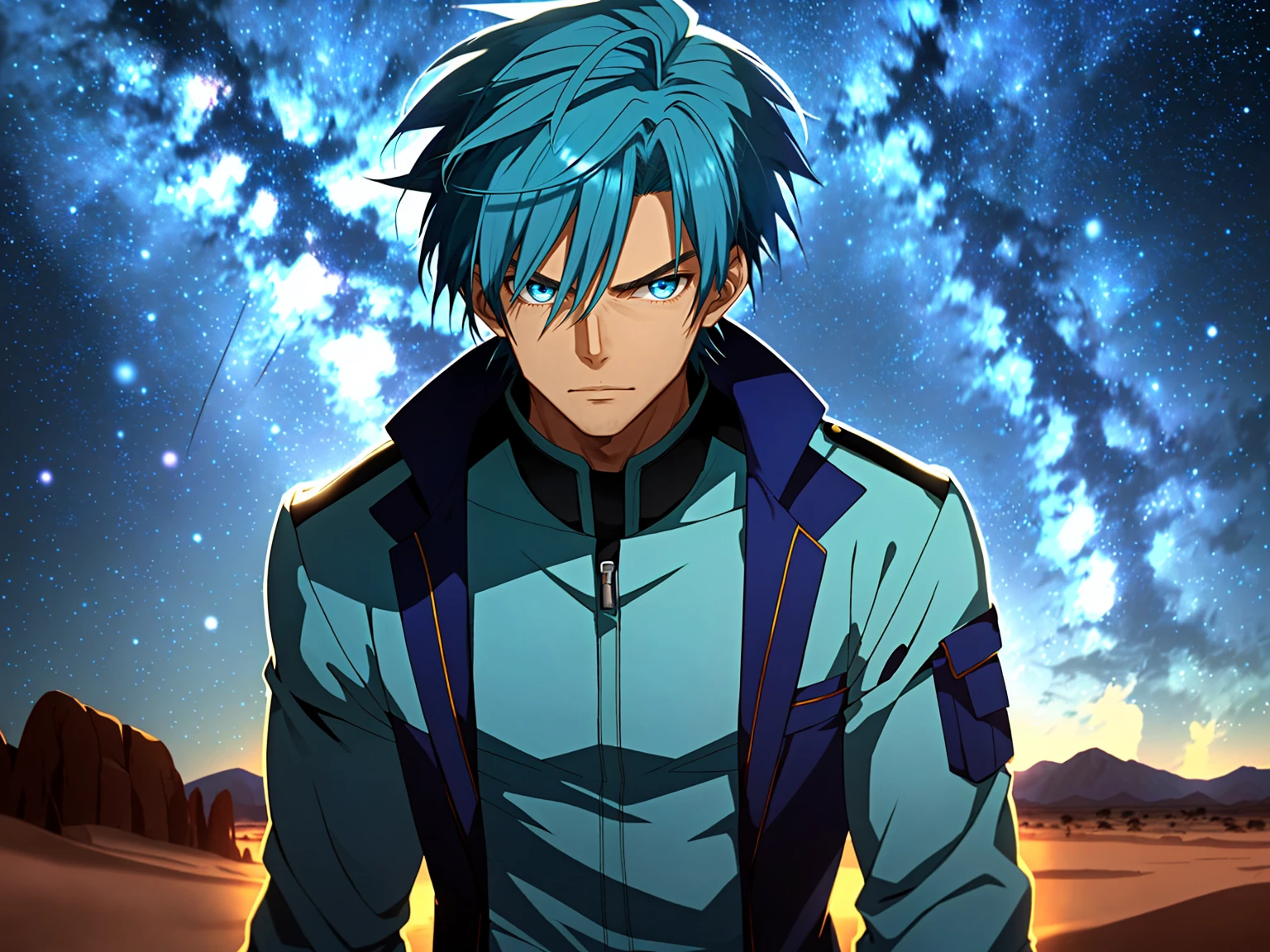 Anime - Man with short blue hair and blue suit，Desert at night，blue eyes，against the background of the Milky Way，Starry Sky，