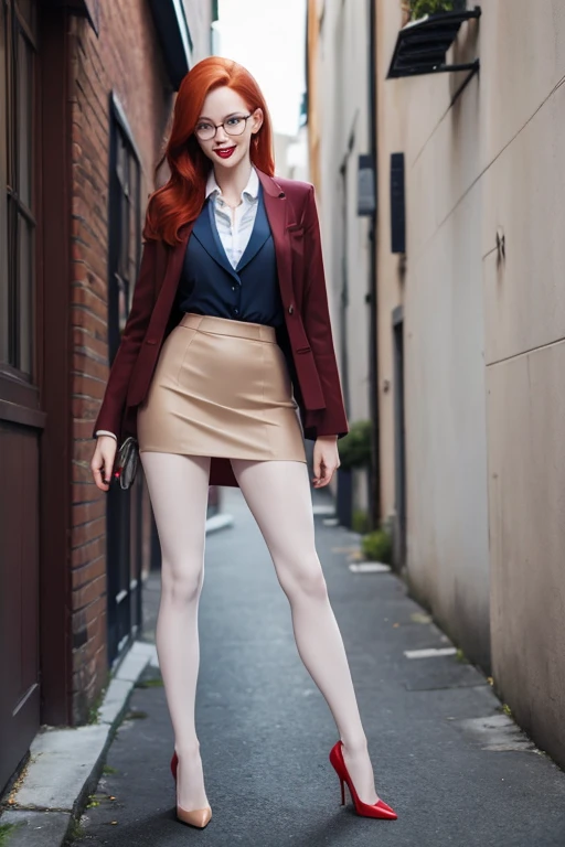 (full body:1.4), Tall, slender ((redhead)) woman of Irish descent. (pale:1.3)complexion. blue eyes, cute butt, nice legs. Kind eyes, cute (smile). Eyeglasses, red lipstick, Dark brown blazer and pencil skirt, blouse, beige pantyhose, stiletto heels.