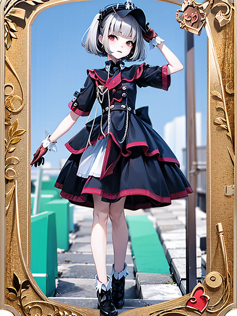 1girl、highest quality、vtuber-fullbody、Milky white short hair、Masterpiece、Official Art、The best composition、Standing in front of the viewer、Simple Background、Black and red Gothic ta、