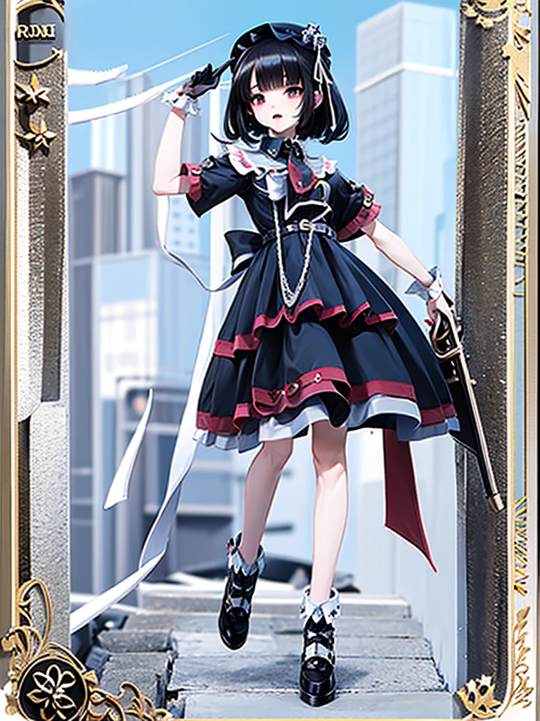 1girl、highest quality、vtuber-fullbody、Milky white short hair、Masterpiece、Official Art、The best composition、Standing in front of the viewer、Simple Background、Black and red Gothic ta、