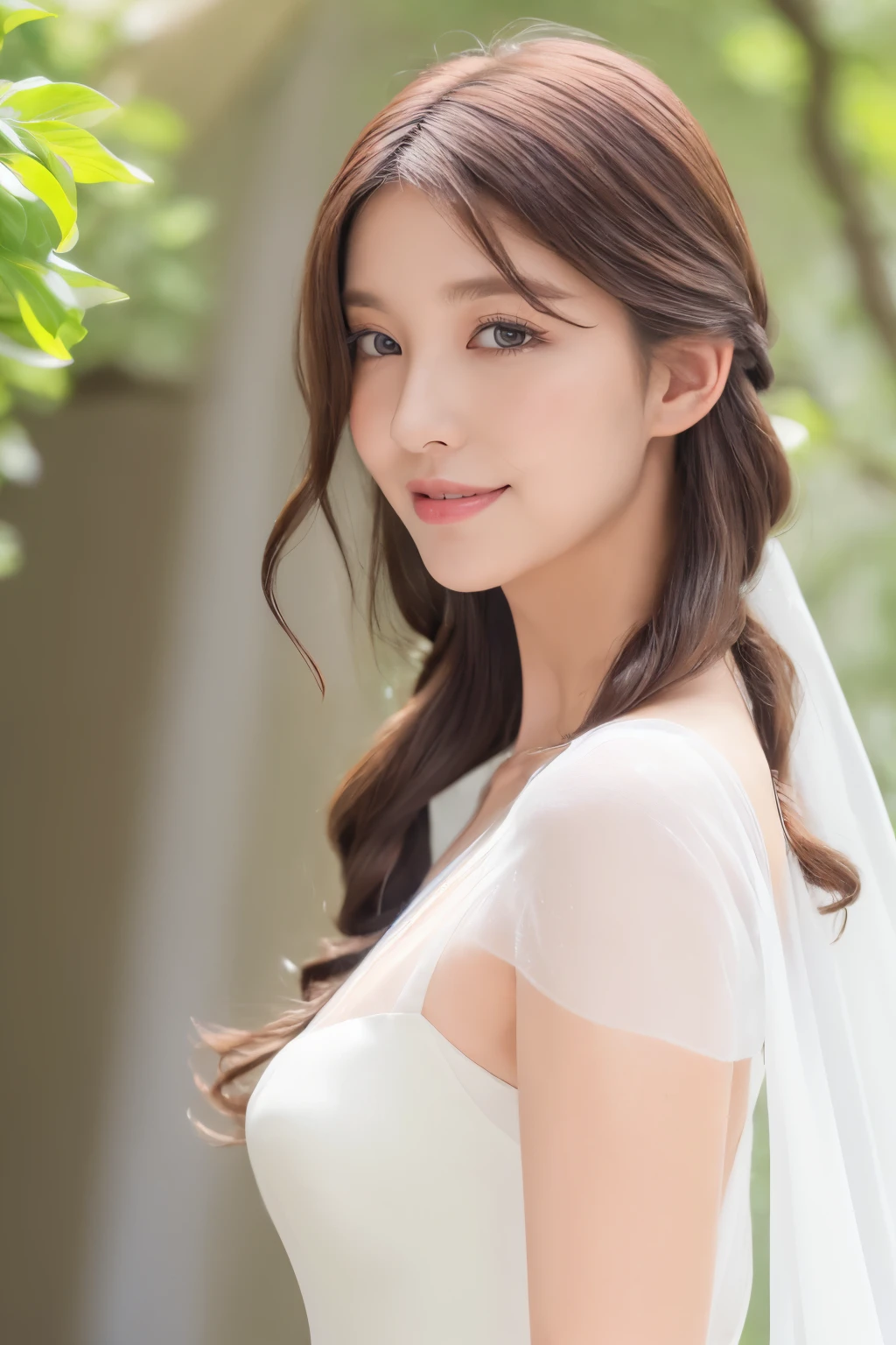 (highest quality、4k、8k、High resolution、master piece: 1.2)、Super detailed、(real、photorealistic、photorealistic: 1.37),((White see through Cape and elegant White long dress)), ((waterfall-hairstyle)),Complex and beautiful eyes、woman、Feminine hairstyle、natural color lip、(( posing))、smile, standing in a museum hall,