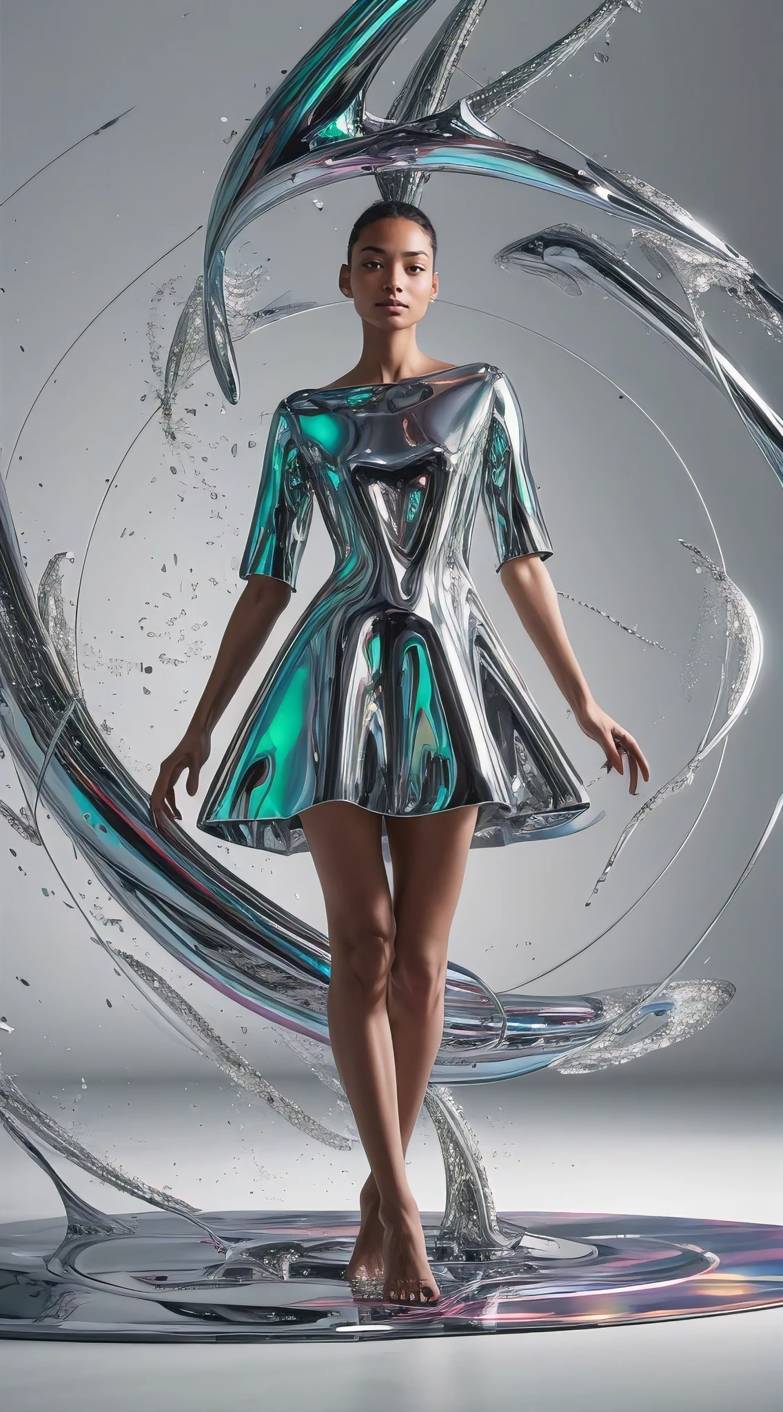 A captivating studio photograph of a stunning model wearing a conceptual tunic dress made from iridescent liquid metal. The dress appears to defy gravity, with metal particles swirling and levitating around her, creating a mesmerizing visual effect. The model's facial expression is a perfect blend of confidence and allure. The background is minimalistic, allowing the liquid metal dress and the model's beauty to take center stage.