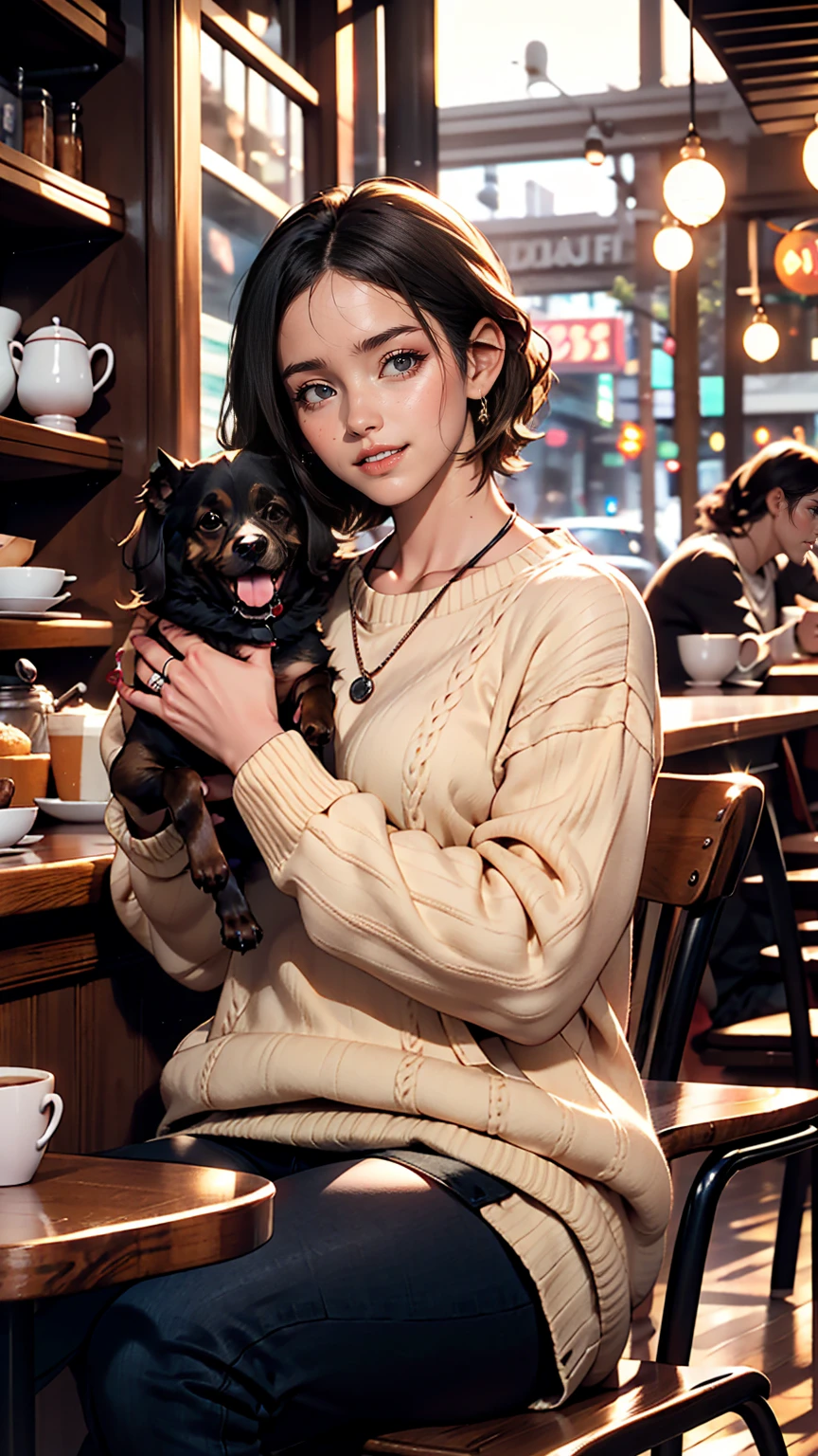 He is wearing a brown sweater and sitting in a cafe drinking coffee、A cute girl with long black straight hair, brown eyes and a round face, sunset, Smiling with no bangs and showing teeth, Holding a poodle puppy in her arms