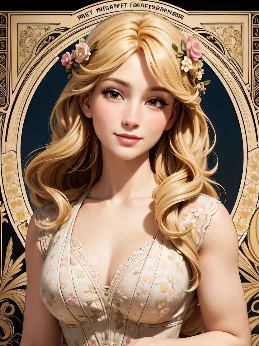 ((masterpiece、highest quality、Very detailed、High resolution、Photorealistic、Sharp focus、Cinema Lighting))、((One Woman、Mid Shot、Face Light))、High contrast、European woman portrait、smile、In underwear、Long Curly Hair、blonde、Tarot Cards、Floral Decoration Frame、Decorative panel、Abstract art、Alphonse Mucha、View your viewers、Detailed hand drawing、Fibonacci