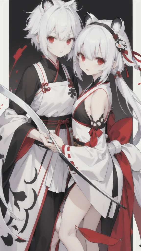 Short white hair,Red eyes,Black and white tiger pattern Hanfu armor,Black and white dagger