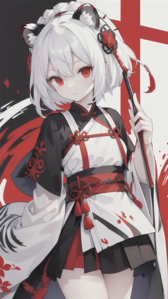Short white hair,Red eyes,Black and white tiger pattern Hanfu armor,Black and white dagger