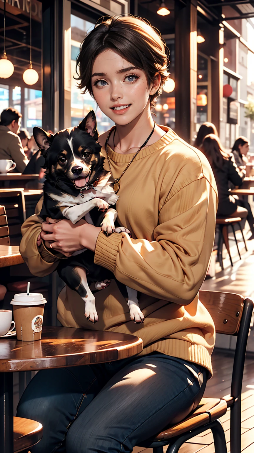 He is wearing a brown sweater and sitting in a cafe drinking coffee、A cute girl with long black straight hair, brown eyes and a round face, sunset, Smiling with no bangs and showing teeth, Holding a poodle puppy in her arms