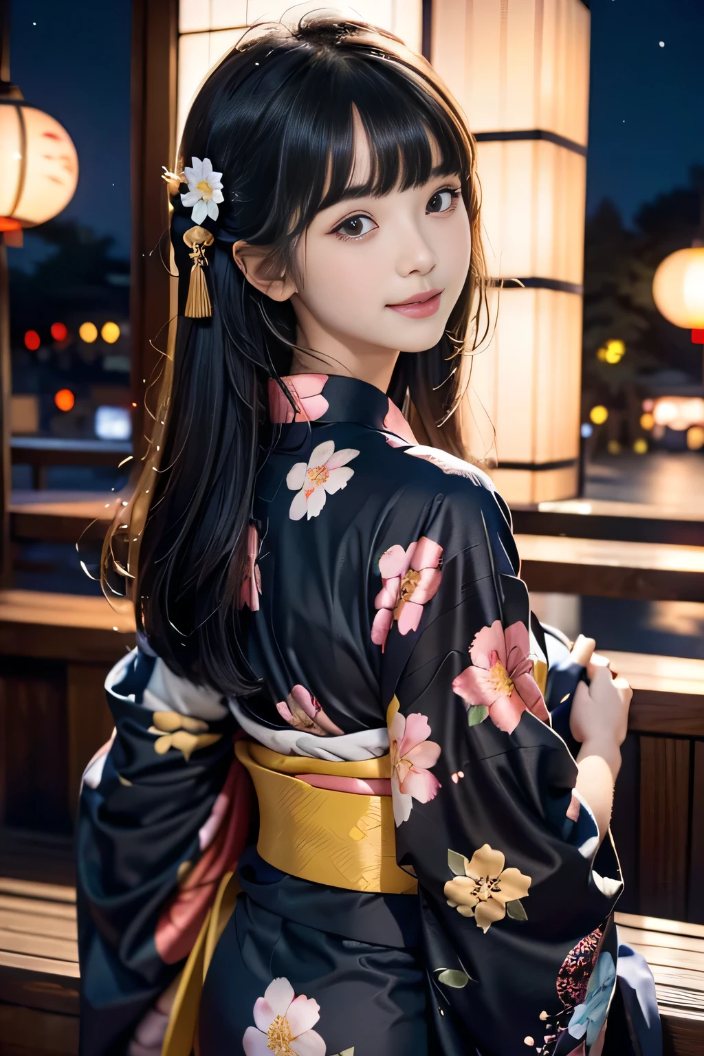 ((looking back)),♥(Japanese beautiful flower printed kimono,yukata),((1girl,cute,young,semi long beautiful black hair,blunt bangs,twin tales,beautiful eyes)),(solo),((masterpiece, highest resolution,best quality)), (beautiful illustration),(Japanese beautiful flower printed kimono,yukata),
(looking at the viewer), innocent smile,cinematic lighting,Japanese Festival,stall,fireworks,night sky,full moon,shooting star,