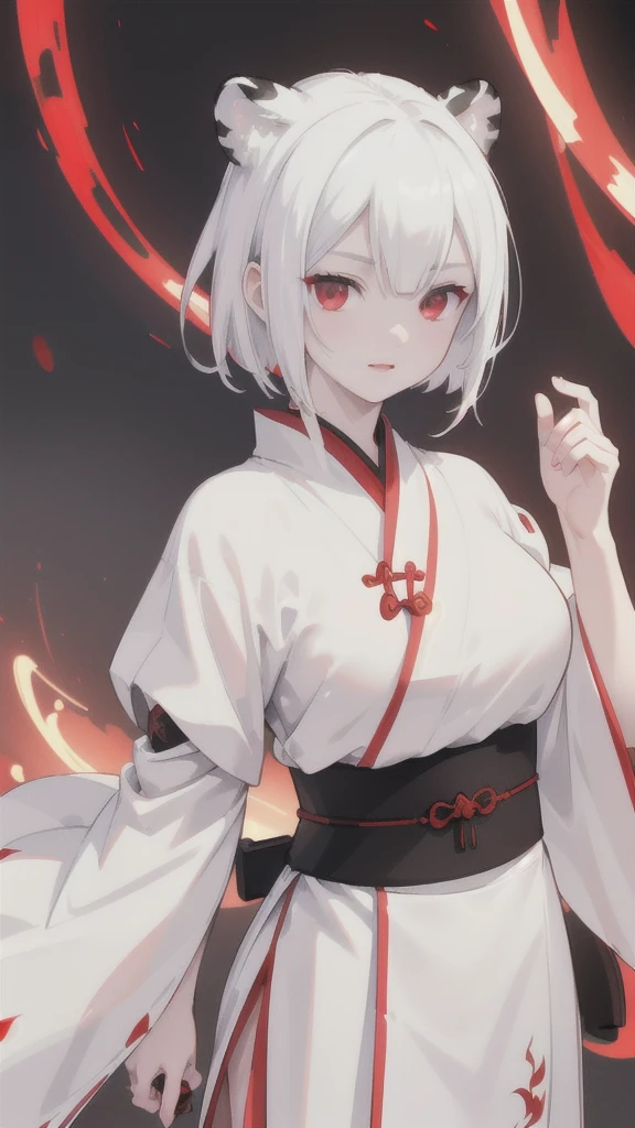 1 girl, detailed white short hair, vivid red eyes, traditional ancient chinese hanfu armor with black and white tiger stripes, black and white dual color dagger, (best quality,8k,highres,masterpiece:1.2),ultra-detailed,(realistic,photorealistic,photo-realistic:1.37),portrait,concept art,cinematic lighting,dramatic shadows,highly saturated colors