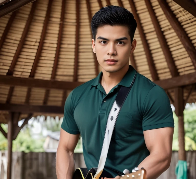 There was a man holding a guitar in his hand., In a dark green polo shirt., In a dark teal polo shirt., wearing a polo shirt, Niwan Chandra, Inspired by Adam Dario Kiel, Asian man, Green Shirt, Thawan Duchanee, Inspired by Robbie Trevino, Ramil Sunga, Portrait in the middle of a shot, Damian Tran