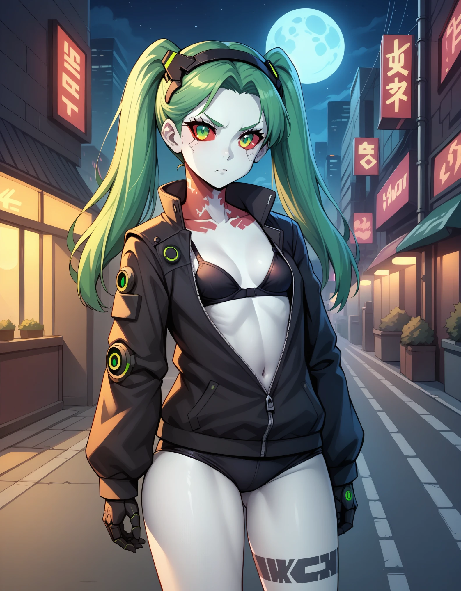 score_9, score_8_up, score_7_up, source_anime,BREAK,1girl,solo, cyberpunkrebecca, standing, rebecca, long hair, green eyes, green hair, colored skin, colored sclera, white skin, red sclera, artificial eye, mechanical eye, cyborg, red pupils, small breasts, twintails, underwear, jacket, hairband, bra, black jacket, tattoo, black hairband, black bra, leg tattoo,zipped jacket, neck tattoo, outdoors,cyberpunk, street, night, moon, looking at viewer,serious