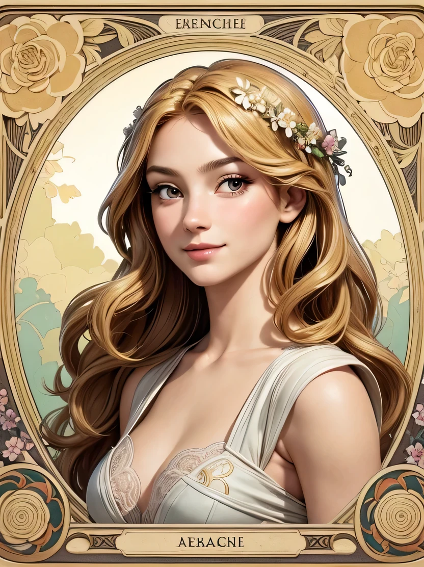 ((masterpiece、highest quality、Very detailed、High resolution、Photorealistic、Sharp focus、Cinema Lighting))、((One Woman、Mid Shot、Face Light))、High contrast、European woman portrait、smile、In underwear、Long Curly Hair、blonde、Tarot Cards、Floral Decoration Frame、Decorative panel、Abstract art、Alphonse Mucha、View your viewers、Detailed hand drawing、Fibonacci