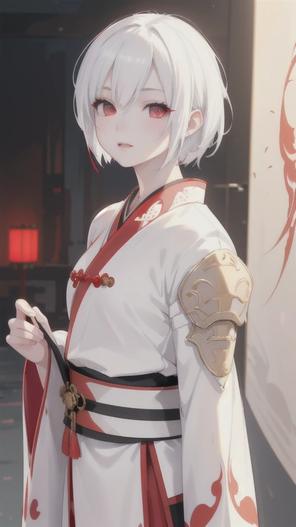 1 girl, detailed white short hair, vivid red eyes, traditional ancient chinese hanfu armor with black and white tiger stripes, black and white dual color dagger, (best quality,8k,highres,masterpiece:1.2),ultra-detailed,(realistic,photorealistic,photo-realistic:1.37),portrait,concept art,cinematic lighting,dramatic shadows,highly saturated colors