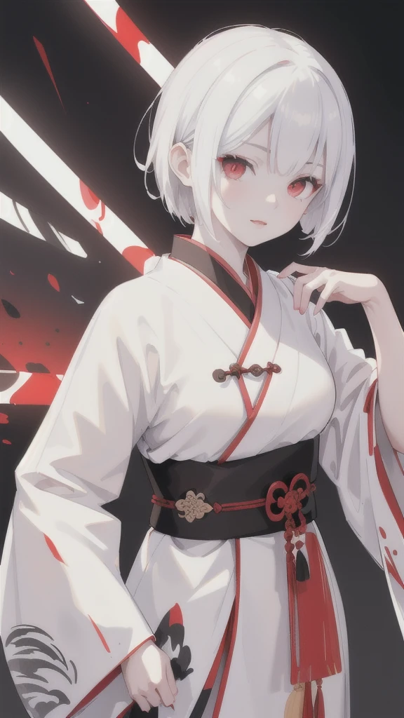 1 girl, detailed white short hair, vivid red eyes, traditional ancient chinese hanfu armor with black and white tiger stripes, black and white dual color dagger, (best quality,8k,highres,masterpiece:1.2),ultra-detailed,(realistic,photorealistic,photo-realistic:1.37),portrait,concept art,cinematic lighting,dramatic shadows,highly saturated colors