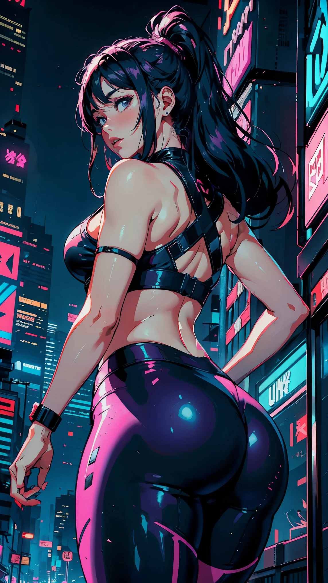 uma pintura digital da sucubus, outfit Long Hair, arte cyberpunk de Josan Gonzalez, vencedora do concurso behance, afrofuturismo, synthwave, neon, neon brilhante,coxas grossas, cintura fina, sensual, nsfw, pouca roupa, arte erotica, anime, roupas  rasgada de batalha, extremamente sexualizada, corpo suado, NSFW, seios grandes, bunda grande, HD, 8k, Alta qualidade, detalhes, corpo perfeito, destaque o corpo, detalhe no rosto perfeito, Detail in the background