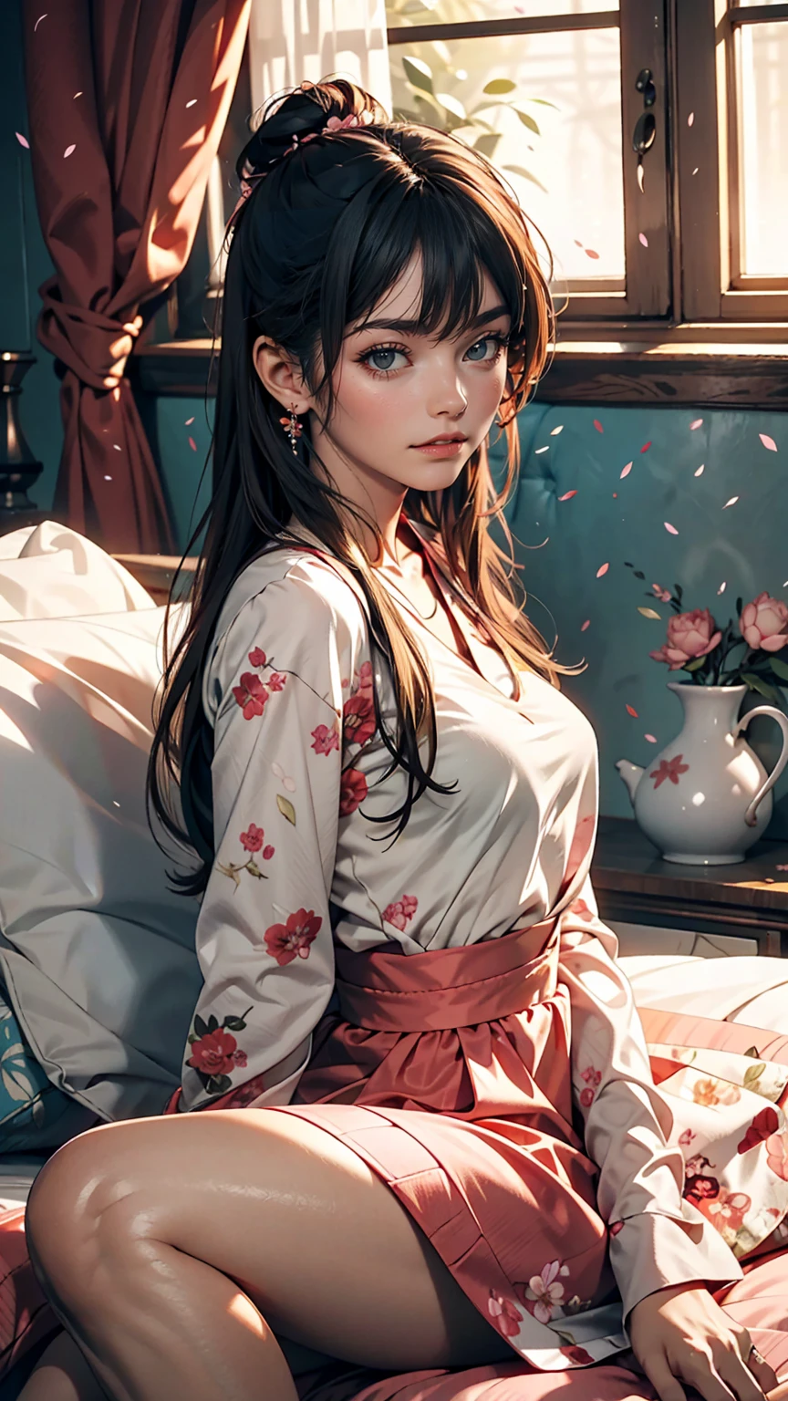 Shinobu Kocho's highly detailed and high-resolution masterpiece, Beautiful yet terrifying dynamic action from the Demon Slayer Corps. The butterfly-themed costume features intricate detailing and、It accentuates the intense look on her face. Setting the sunset scene, A tranquil pond and cherry blossom petals in the background. Using rich colors and three-dimensional light、Expressing mysterious beauty and strength。.