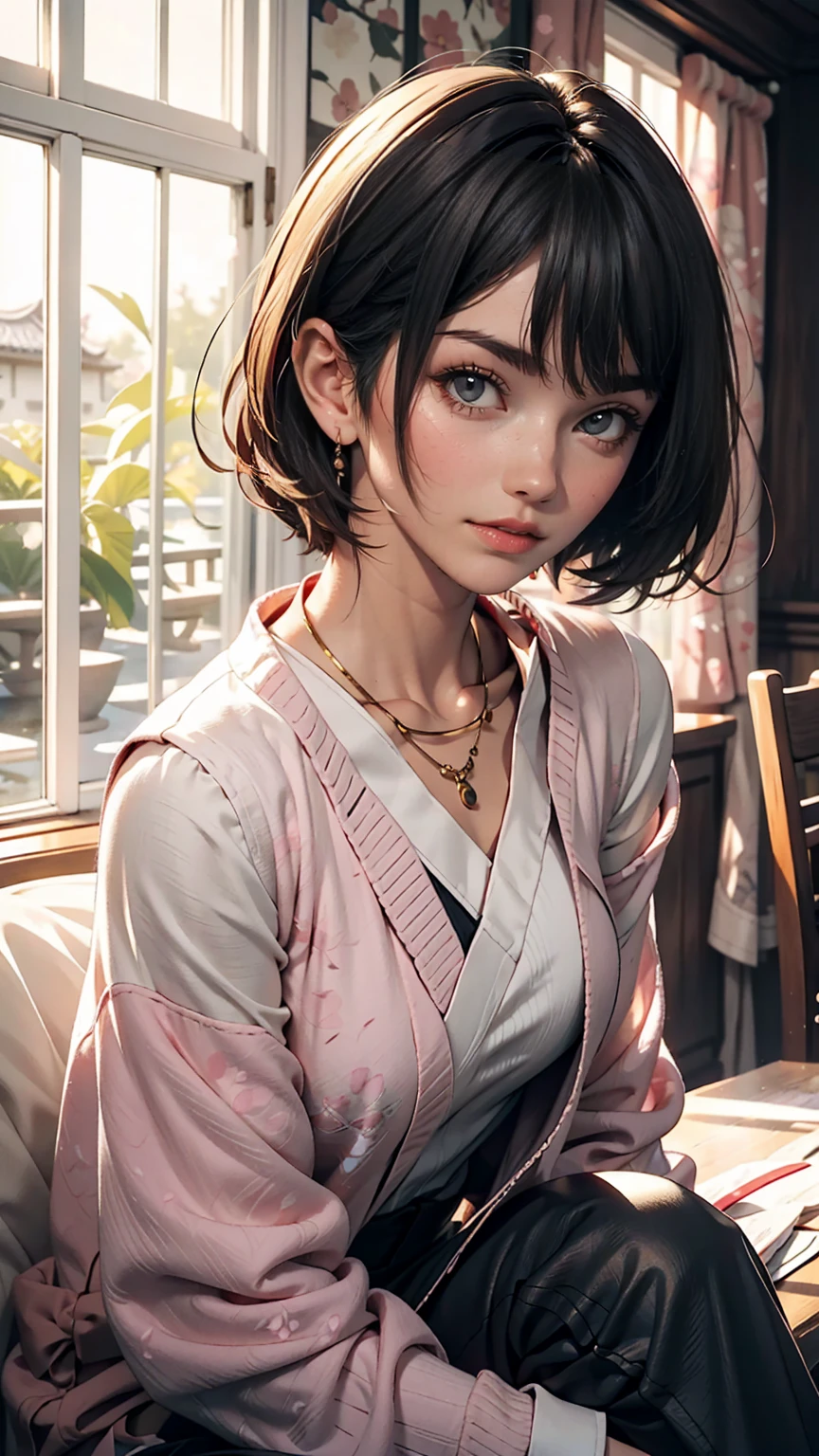 Shinobu Kocho&#39;s highly detailed and high-resolution masterpiece, Beautiful yet terrifying dynamic action from the Demon Slayer Corps. The butterfly-themed costume features intricate detailing and、It accentuates the intense look on her face. Setting the sunset scene, A tranquil pond and cherry blossom petals in the background. Using rich colors and three-dimensional light、Expressing mysterious beauty and strength。.