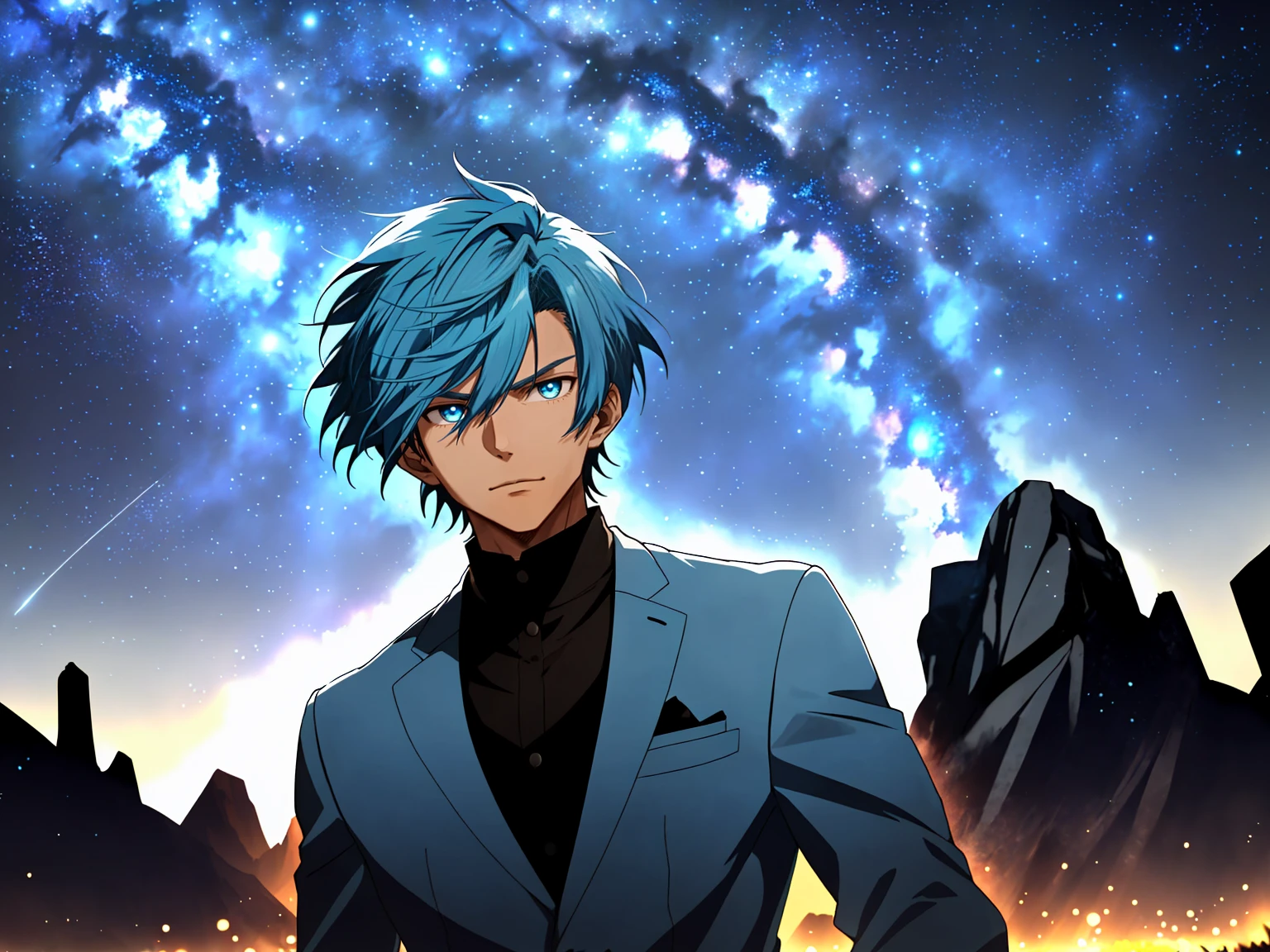 Anime - Man with short blue hair and blue suit,Desert at night,blue eyes,against the background of the Milky Way,Starry Sky,