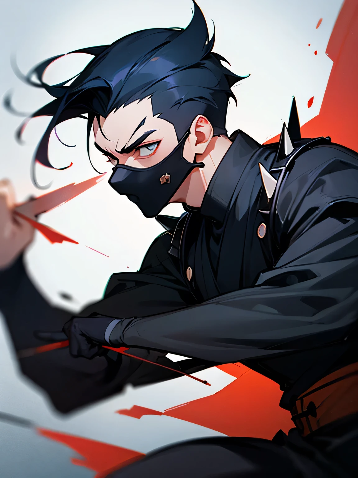 solo,upperbody,male,sideshaved,short spiked deep black blue hair,thin eyes,masked,black ninja outfit,handsome face,male face,male nose,fighting stance